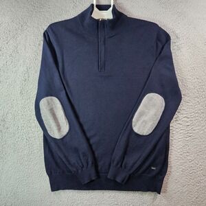 Boss Hugo Boss Cotton Wool Sweater Men Large Mock Neck Gray‎ Elbow Patch Blue